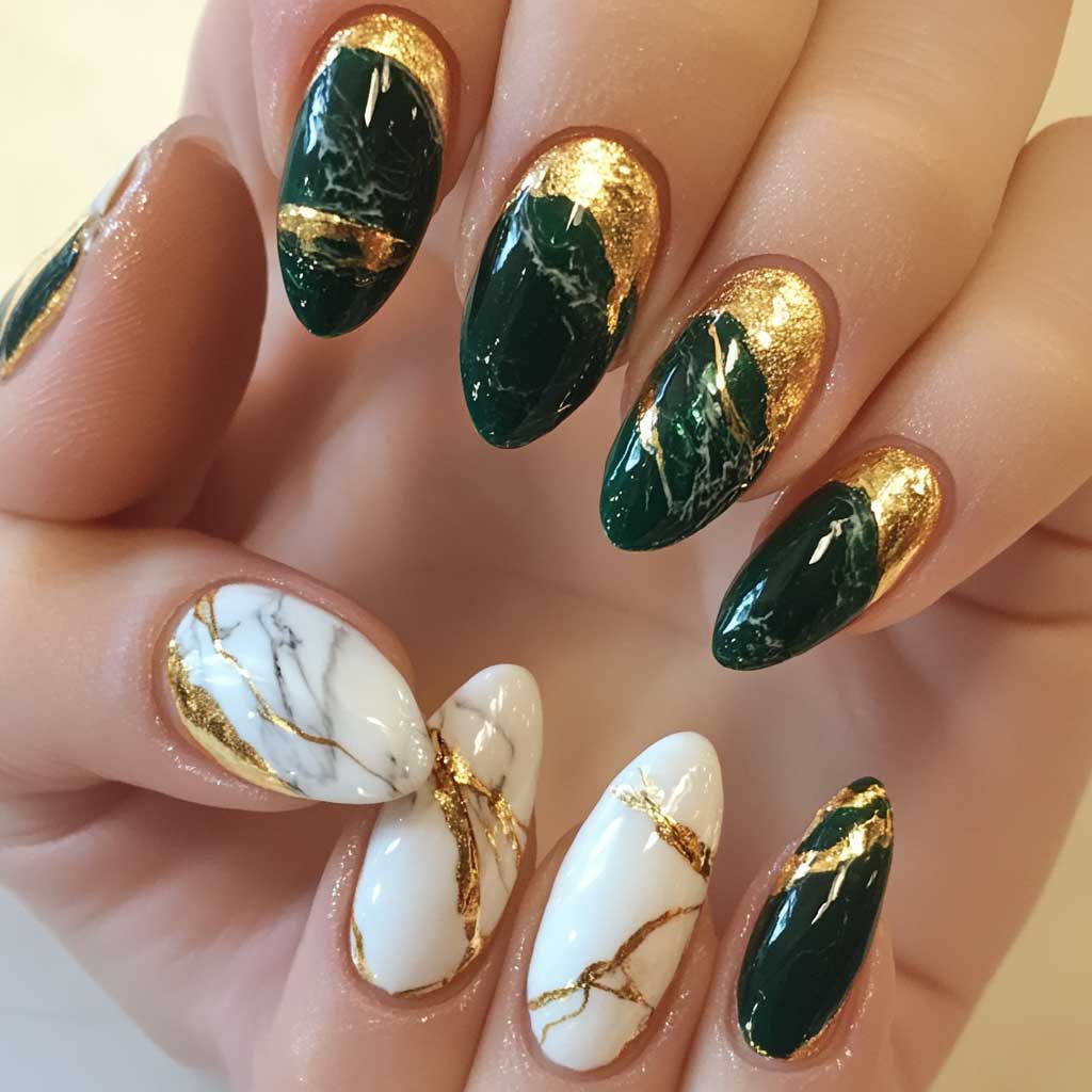Green Marble Nail Designs - Emerald Green and Gold Marble